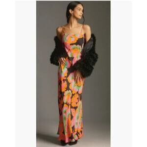 Farm Rio Anthropologie Black Sleeveless Floral Maxi Satin Slip Dress Small